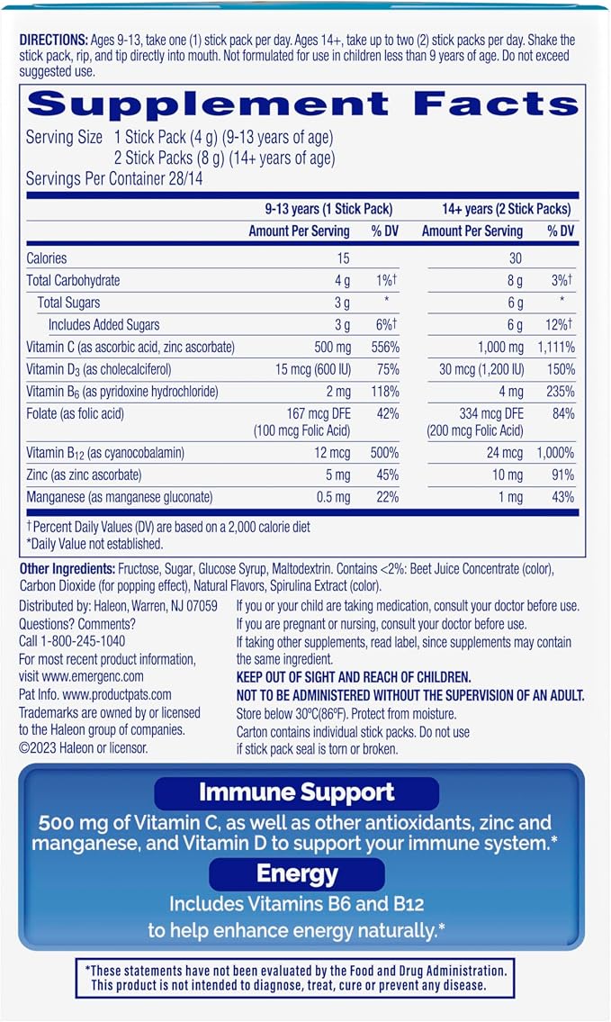 Emergen-C Immune Plus Crystals, On-the-Go Immune Support Supplement with Vitamin C, Vitamin D, B Vitamins, Zinc and Manganese, Berry Lemonade, Back to School Essentials - 28 Stick Packs