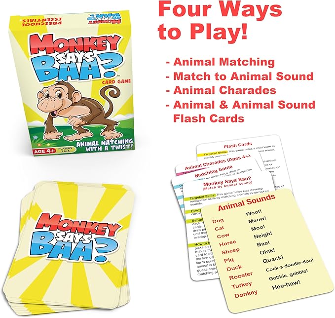 Monkey Says Baa? – Animal Matching Game for Kids Ages 4 and Up | Fun Preschool Learning Activities with Mimicked Animal Sounds & Charades for Sensory Play – Birthday Gift for Boys & Girls