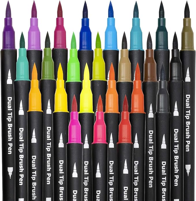Piochoo Dual Brush Marker Pens,24 Colored Markers,Fine Point and Brush Tip for Adult Coloring Books Bullet Journals Planners,Note Taking Coloring Writing