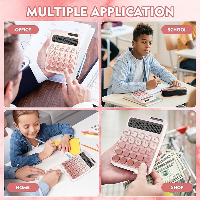 Mechanical Switch Calculator with Big Buttons, Calculators Desktop, 12 Digits, Solar Battery Power, Desk Calculator, Large LCD Display, Cute Pink Calculators for Teachers Students Basic Office