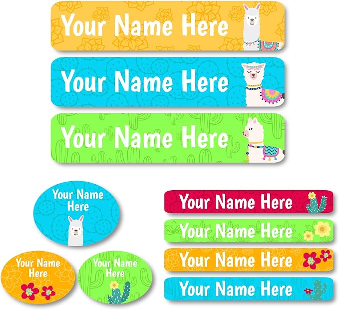 Lovable Labels Personalized Labels for Kids (85 Labels/Pack) - 3 Label Sizes Waterproof Dishwasher Safe Peel & Stick Labels for School Supplies Daycare Camp Clothing Bottles (No Prob Llama)