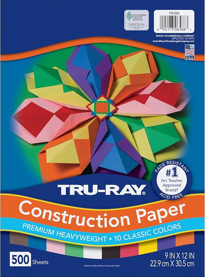 Tru-Ray (P6588-4) Heavyweight Construction Paper Bulk Assortment, 10 Assorted Colors, 9" x 12", 500 Sheets