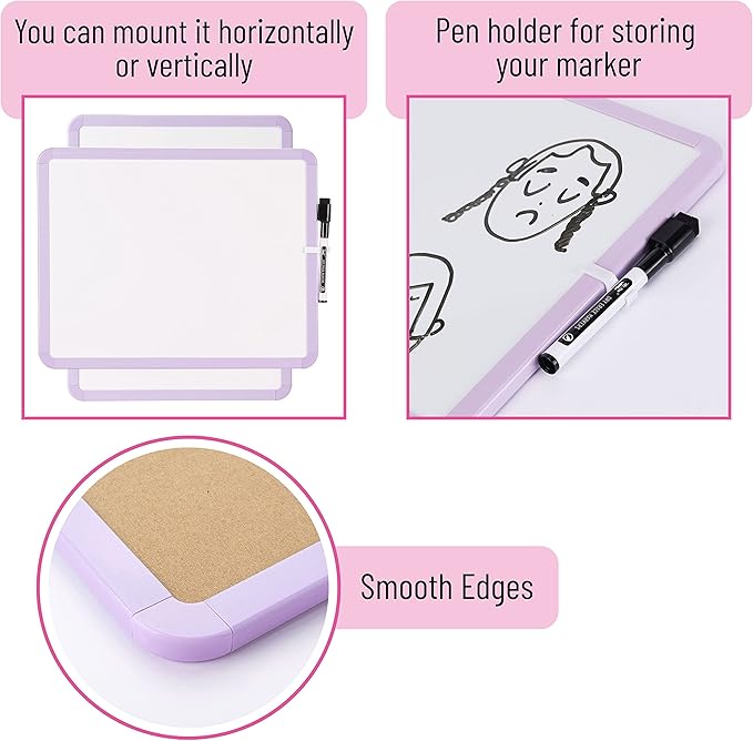 Mr. Pen- Dry Erase Board, 14” x 11” with a Black Dry Erase Marker, Purple Frame, Small Mini White Board for Students, Fridge, Wall, Locker, Includes Double Sided Tapes