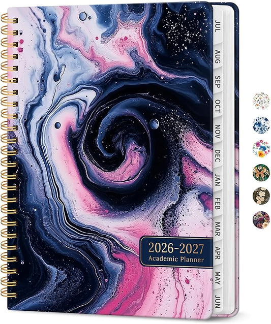 Planner 2026-2027, Academic Year Monthly and Weekly Calendar Planner, Jul 2026 - Jun 2027, Hardcover Teacher Student Planning Agenda book with Tabs, Perfect for School Office Supplies, 6.3" x 8.5" - Pink Vortex