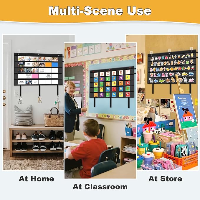 AKAYOK Foldable Bulletin Board Border Organizer with 5 Clear Pockets - Space-Saving Classroom Storage for Teachers, Homeschool & Office Supplies (37" x24" Black)