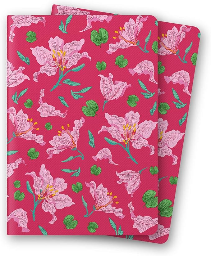 Stitched Composition Notebooks 2-Pack with Unique Art Designed Cover, A5 Lined Diary (8.2"L*5.5"W), Lay Flat Design, Thicked Paper Writes Smoothly for School and Office (Bauhinia)