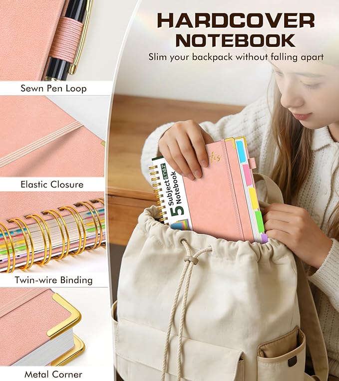 5 Subject Spiral Notebook Journal with Removable Dividers Tabs, 300 Pages Organizer Notebooks for Work School, A5 Hardcover Leather Notebook College Ruled, Lined Journal for Women Men，Pink