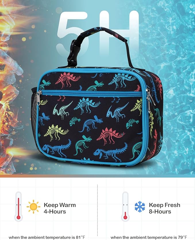 Bagseri Kids Lunch Bag Boys - Thermal Insulated Lunch Box Tote with Water Bottle Holder, Reusable Leak-Proof Kids Lunch Box for Daycare & School, Black Dinosaur Fossil (Containers Not Included)