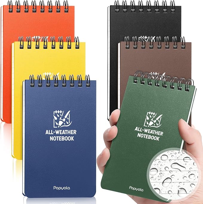 6 Pack Waterproof Pocket Notebook, 3" x 5" Top-Spiral Pocket Notepad