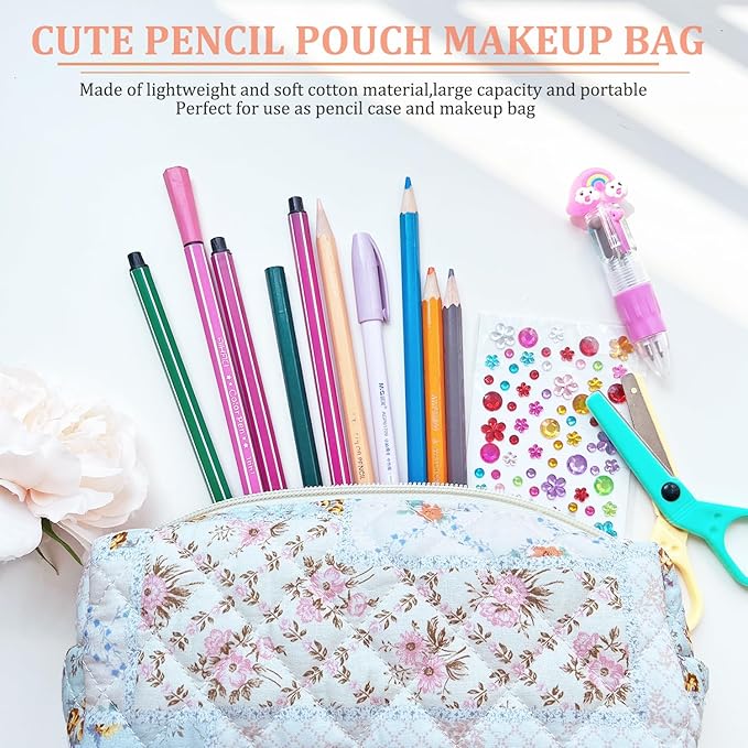 Pencil Pouch Cute Pencil Case Office Storage Bag Holder Box Organizer Aesthetic Bow Flower Pattern Makeup Pouch Cosmetic Bag for Women Girls
