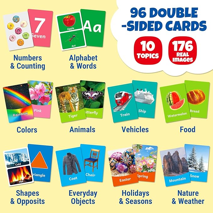 rokt&razo 96 Jumbo Toddler Flash Cards, 10 Topics, 176 Real Images | Alphabet, Numbers, Colors, Shapes & Daily Objects, Fruits - Learning Activities for Ages 1-3, Preschool Educational Tool