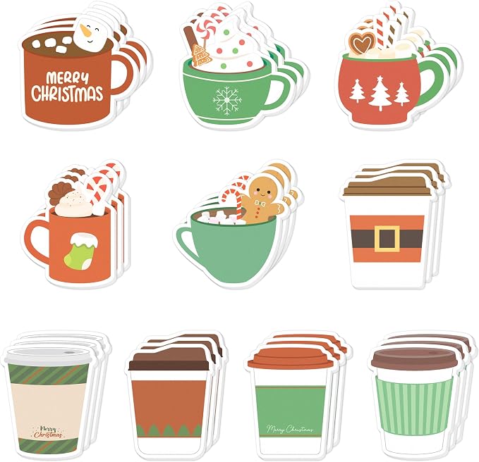 Xqumoi 30 Pack Christmas Coffee Cup Sticky Notes - Xmas Tree Stocking Self Sticky Notepads Self-Adhesive Writing Memo Pads for Latte Lover Gift Office School Supplies Party Favors Goodies Bag Fillers