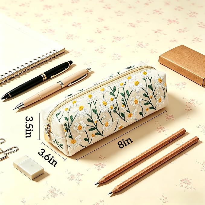 Pencil Case, Pencil Pouch for Women, Pencil Case Small, Pencil Pouch Aesthetic (Beige embroidery)