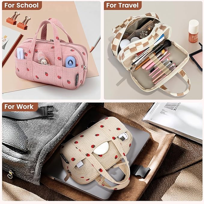 Large Pencil Case Pouch,Extra Big Pencil Bags with Zipper,Cute Corduroy Pencil Pouch with 5 Compartments,Pen Bag Wide Opening,Pencil Pouch Organizer, Pencil Box for Teen Girls Adults (Pink)