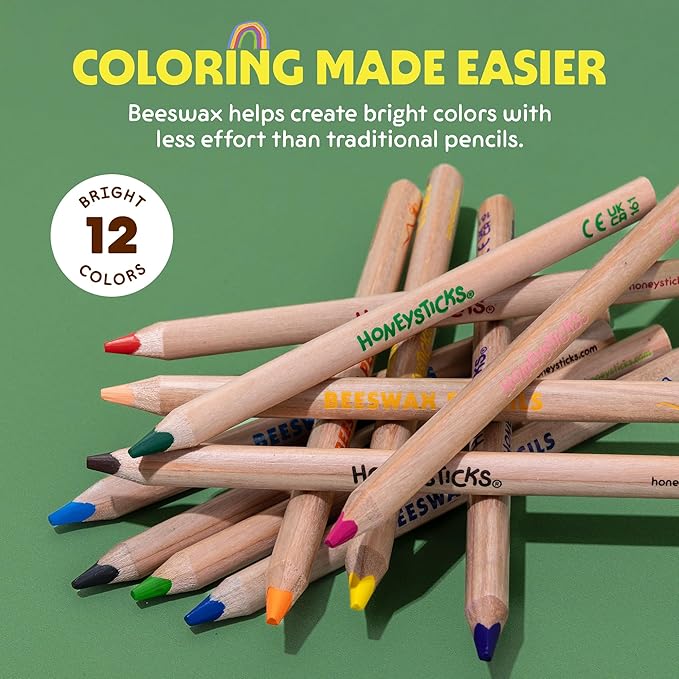 Honeysticks Jumbo Triangle Colored Pencils (12 Pack) - Preschool Pencil with Non-Toxic Beeswax Core, Large Triangular Shape, Easy Grasp, Bright Colors, Toddler Coloring and Drawing, Kids 1-3, 2-4, 3-5