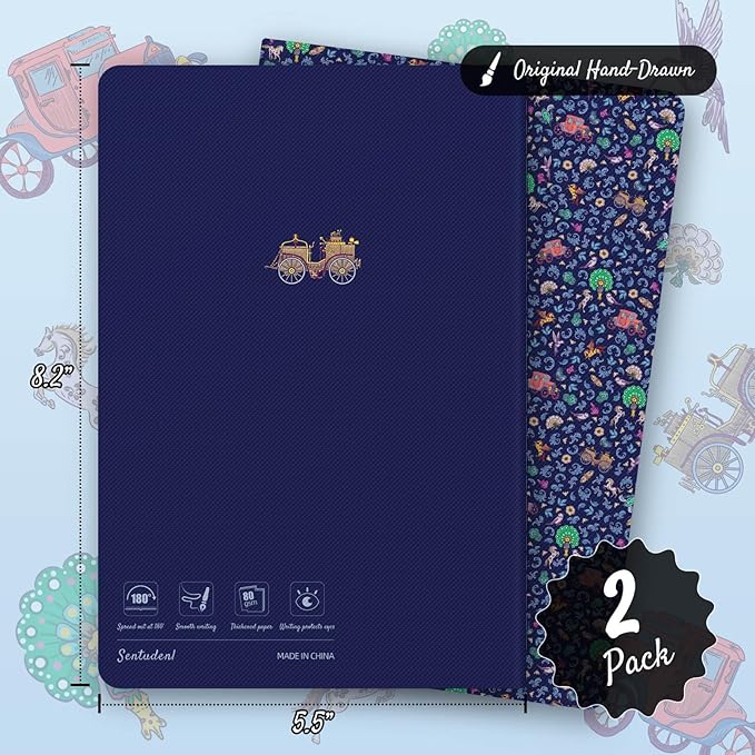 Stitched Composition Notebooks 2-Pack with Unique Art Designed Cover, A5 Lined Diary (8.2"L*5.5"W), Lay Flat Design, Thicked Paper Writes Smoothly for School and Office (Blue Retro)