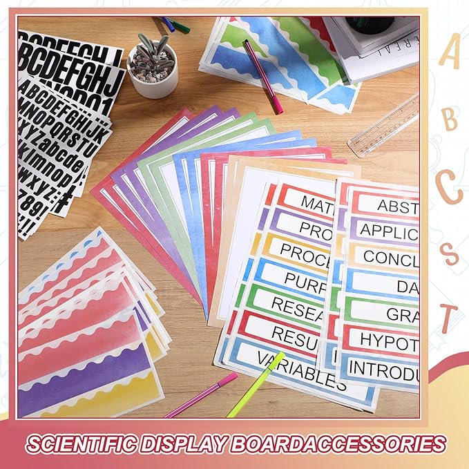 Sinload 92 Pcs Science Fair Board Supplies 60 Trim Scalloped Poster Boards 18 Presentation Subtitles 6 Project Titles 8 Letter Sticker for Classroom Display Boards(Pastel,Wave)