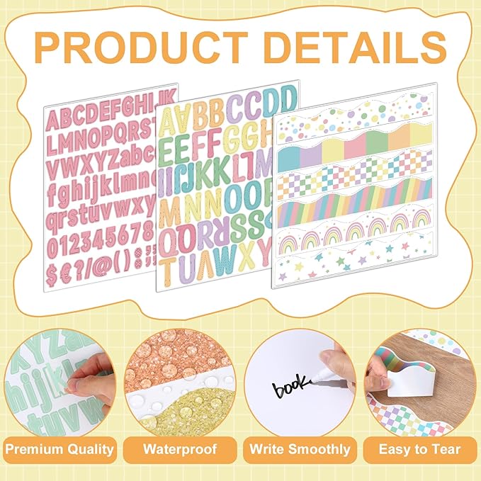 122 Pcs Science Fair Board Supplies 72 Glitter Pastel Candy Trim Scalloped Borders 36 Presentation Board Subtitles 6 Self Adhesive Project Titles 8 Letter Stickers for Classroom Office Decor(Pastel)