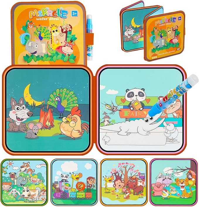 Zoo Water Coloring Book Toy for Toddler–Reusable Water Painting Book with Water Pen,Mess Free Coloring Magic Water Book for Kids,Preschool Educational Drawing Travel Toys for Boy/Girl Age 3+