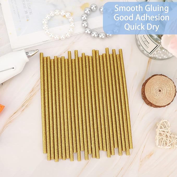 Manarty Glitter Gold Hot Glue Sticks, 24PCS Mini Size 0.27" Dia x 8" Long Hot Melt Glue Stick Colored, All Temperature Adhesive EVA Glue Sticks for Repairing Sealing Stamp DIY Art Craft Decoration