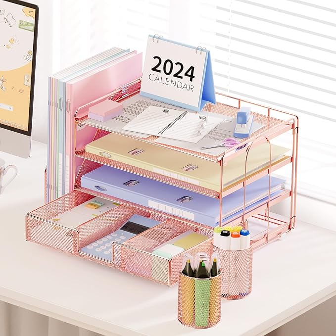 OPNICE Desk Organizers and Accessories, 4-Tier Desktop File Organizer with Drawer and 2 Pen Holders, Office Desk Accessories Workspace Organizers for Office Supplies, Rose Gold