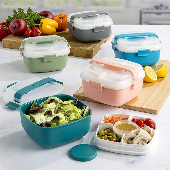 Goodful Stackable Lunch Box Container, Bento Style Food Storage with Removeable Compartments for Sandwich, Snacks, Toppings & Dressing, Leak-Proof and Made without BPA, 56-Ounce, Blush