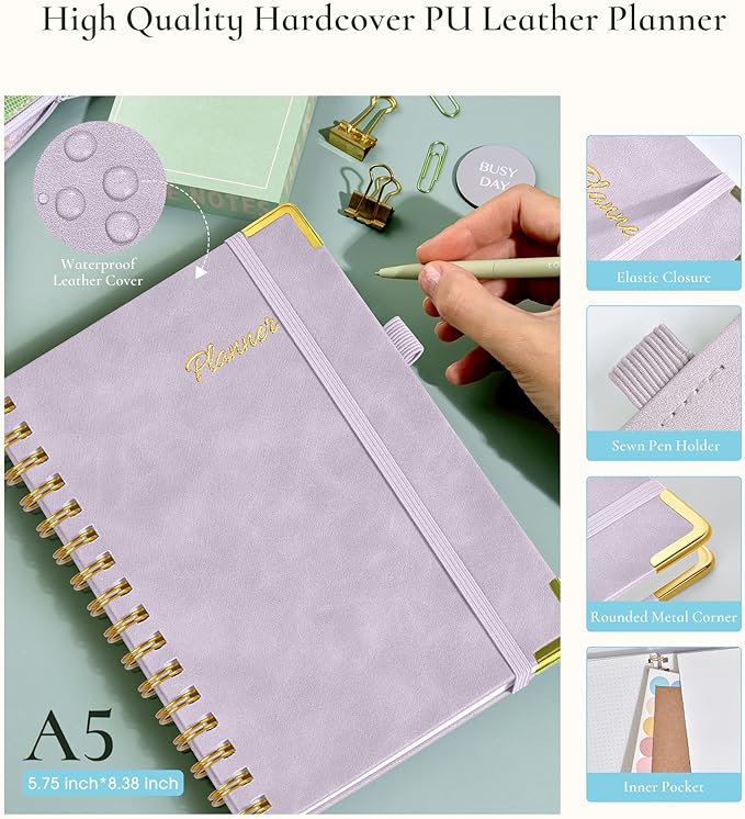 Undated Weekly Planner, Hardcover Leather Weekly & Monthly Calendar Blank Planner, To Do List Notebook with Goal & Habit Tracker Organizer, A5 Daily Planner with Spiral Binding, Ideal for Work School Home, Purple
