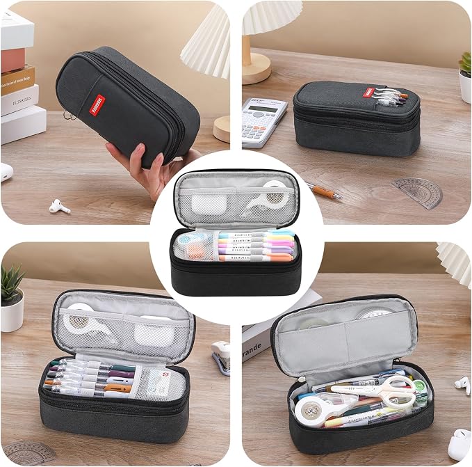 Large Pencil Bag for Boys Teens Kids School Zipper Pencil Pouch Black | Organizer Aesthetic Pencil Case Big Stationery Pencil Box for School Office, Wear-resistant Fabric, Large Capacity Design