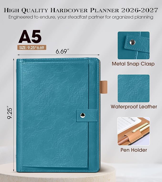 Planner 2026-2027, Academic Weekly and Monthly Calendar Planner from July 2026 - June 2027, Hardcover Leather Daily Agenda Book with Tabs, A5 College School Organizer for Student Teacher, Pacific Green
