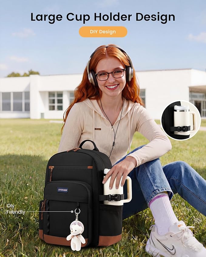 LOVEVOOK Laptop Backpack for Women with Large Cup Holder,15.6 Inch DIY Design Travel Work Backpack Computer Laptop Bag,Waterproof Nurse Teacher College Backpack Purse,Gifts for Women Men,Brown-Black
