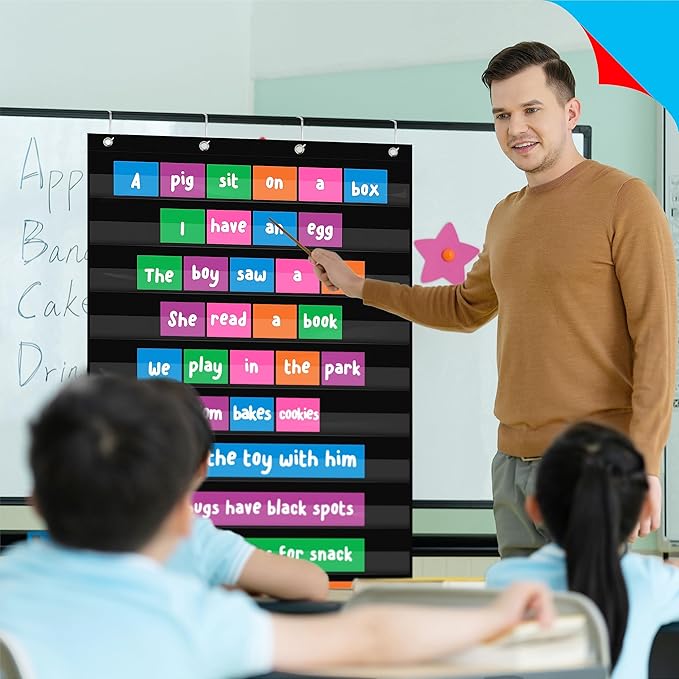 Daily Schedule Pocket Chart, Class Schedule with 10 Clear Pockets Plus 4 Over Door Hangers for Classroom Home School Schedule Organization & Time Management-Fits 4” Sentence Strips & Word Cards