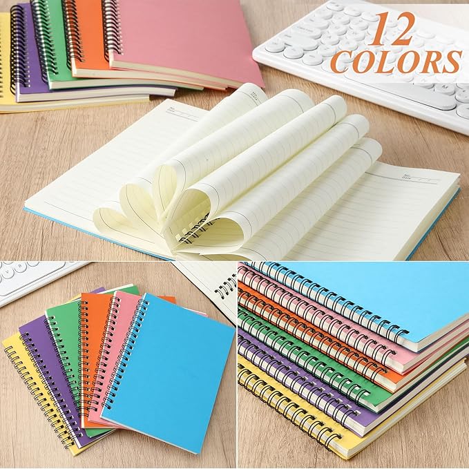 Leelosp 12 Pcs Small Spiral Notebook Lined Spiral Journal College Ruled Notebook Wire Bound Kraft Cover, 120 Pages for Work (Colorful,5 x 7 Inch)