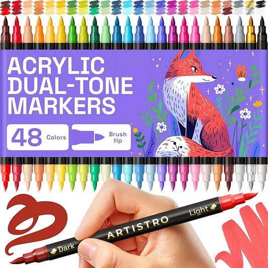 ARTISTRO Paint Markers 48 Colors - Acrylic Pens for Rock, Glass, Fabric, DIY - Art Supplies - 24 Dual Brush Tip Markers