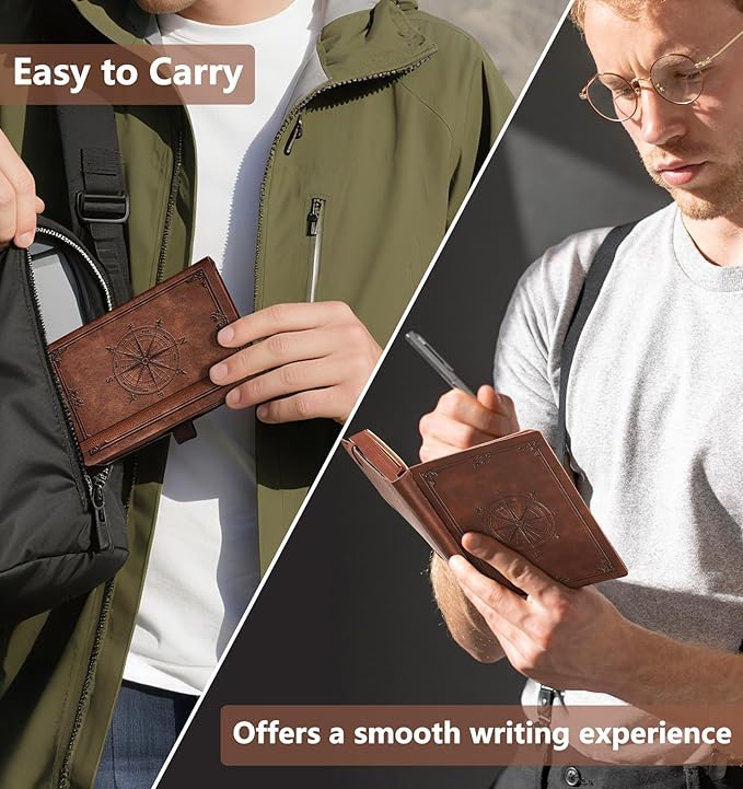 AHGXG Small Lined Pocket Journal Notebook for Men - 256 Numbered Pages College Ruled B6 Mini Journal, Vintage Soft Leather Hardcover, 80gsm Paper, for Women Work Office School, 4.1'' X 5.7''- Brown