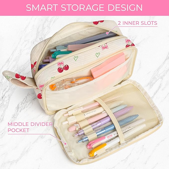 WOBAGMEN Cute Pencil Case,Large Corduroy Zippered Pencil Case Pouch, aesthetic Pencil Bag with Compartments, Pencil Pouch School Supplies (HY-corduroy pc-cherry)
