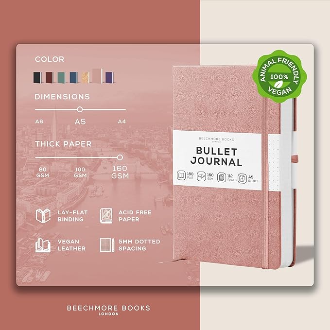 BEECHMORE BOOKS A5 Dotted Journal – 160gsm Thick Paper No-Bleed Bullet Notebook – Hardcover Dot Grid Logbook with Presentation Gift Box – Vegan Leather Sketchbook for Artists & Professionals