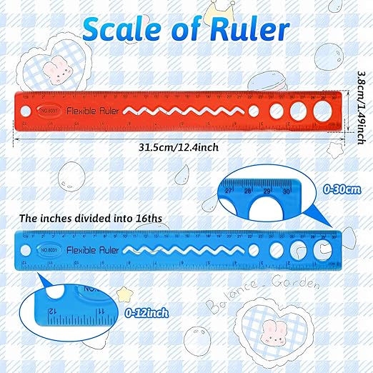 2-Pack Flexible Ruler 12 Inch, Clear Ruler Small Rulers with Centimeters & Inches, Bendable Shatterproof Plastic Rulers for Home Office Supplies (Red & Blue)
