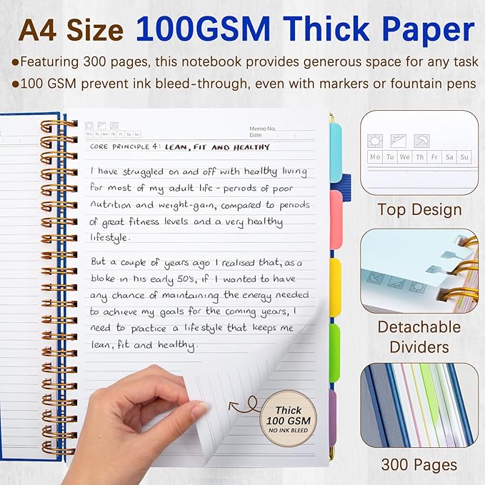 Hardcover Spiral Notebooks for Work 8.5''x 11'', 300 Pages 5 Subject Notebook with Dividers & Tabs, A4 Spiral Journal for Women, College Ruled Notebooks for School Note-Taking (Lake Blue)
