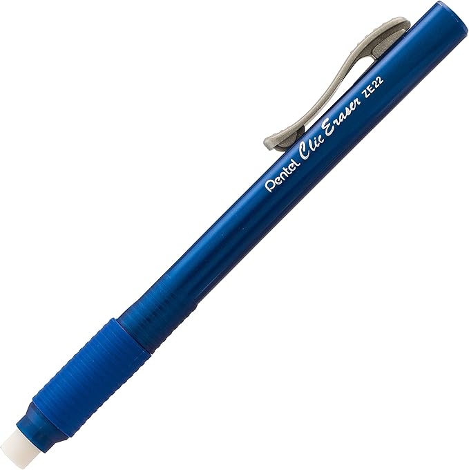 Pentel Clic Retractable Eraser with Grip, Assorted Barrel Colors (ZE21BP3M) (Pack of 3)