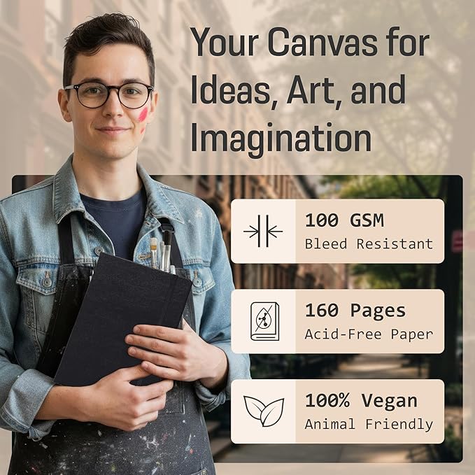 BROWNSTONE JOURNALS A5 Sketch Book Hardcover - 80 Sheets 100 GSM Paper 5"x8", Lay Flat, Vegan Leather Cover, Elastic Band, Back Pocket, Art Drawing Book (Charcoal Black)