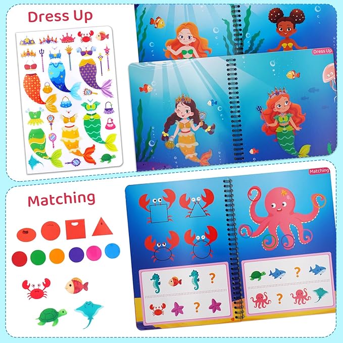 Reusable Sticker Book – Mermaid Princess Dress Up, 75 Jelly Stickers, 7 Scenes - Mermaid Toys for Girls 3-5, Travel & Road Trip Toys - Sticker Activity Book for Toddler Girls 1-3 2-4