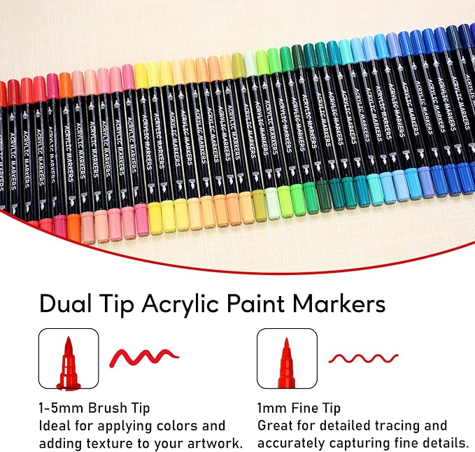 Recheel 30 Colors Acrylic Paint Markers, Dual Tip Fine and Brush Tips for Detailed Art, Crafting, Rock Painting, Wood, Glass, Ceramic, and More
