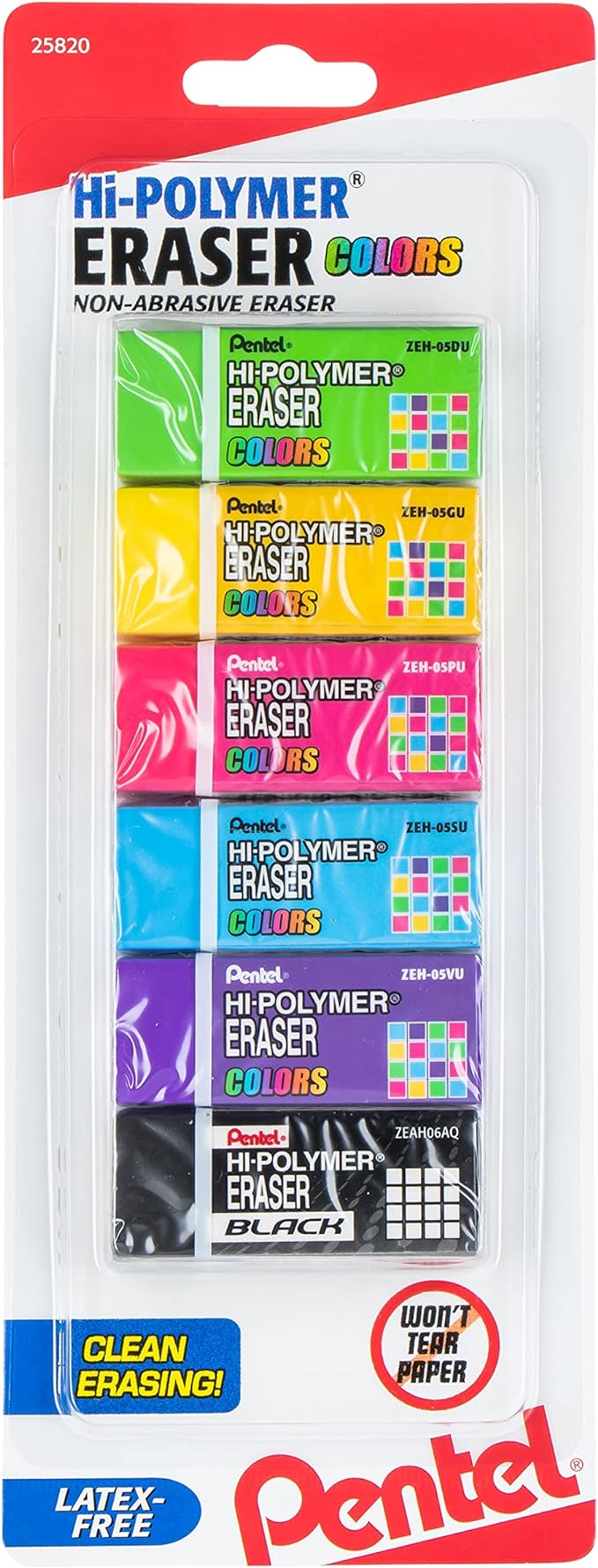 Pentel Hi-Polymer Block Eraser Colors Small, Assorted Colors, 6-Pk (ZEH05CRBP6M)