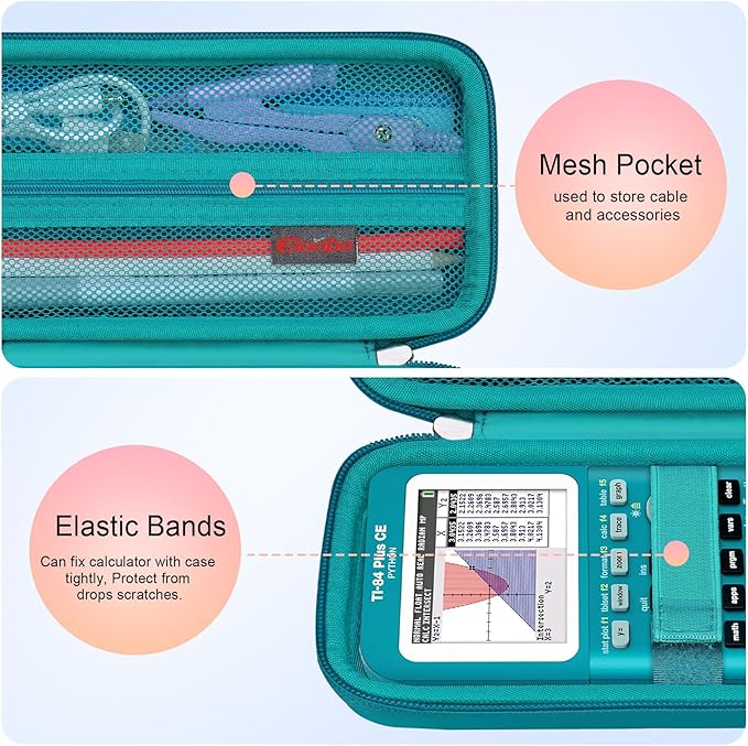 Elonbo Carrying Case for Texas Instruments TI-84 Evo Graphing Calculator, TI-84 Plus CE Evo Graphing Calculator Storage Protective Holder, Extra Mesh Pocket Fits Cable Charger, Green