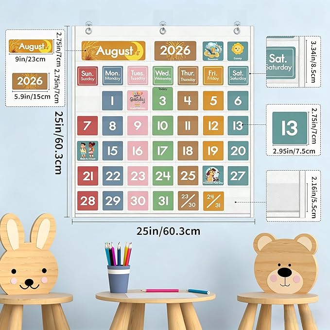 46 Pockets Classroom Calendar Pocket Chart with 77 Cards, Daily Monthly Learning Calendar for Circle Time Weather Seasons, Preschool Kindergarten Homeschool Must Have, Teacher Essential Supplies White
