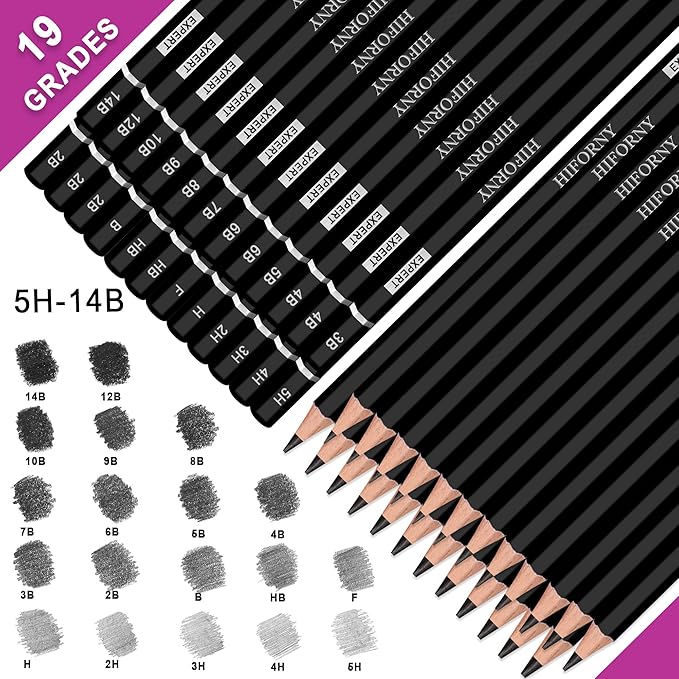 HIFORNY 24-Piece Graphite Sketching Pencil Set - 14B-5H, Ideal for Beginners & Artists
