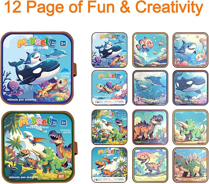 2 Pack Reusable Water Coloring Book for Toddlers,Dinosaur & Marine Themes Magic Water Painting Books Mess-Free Coloring Book with Water Pen for Kids Ages 3+
