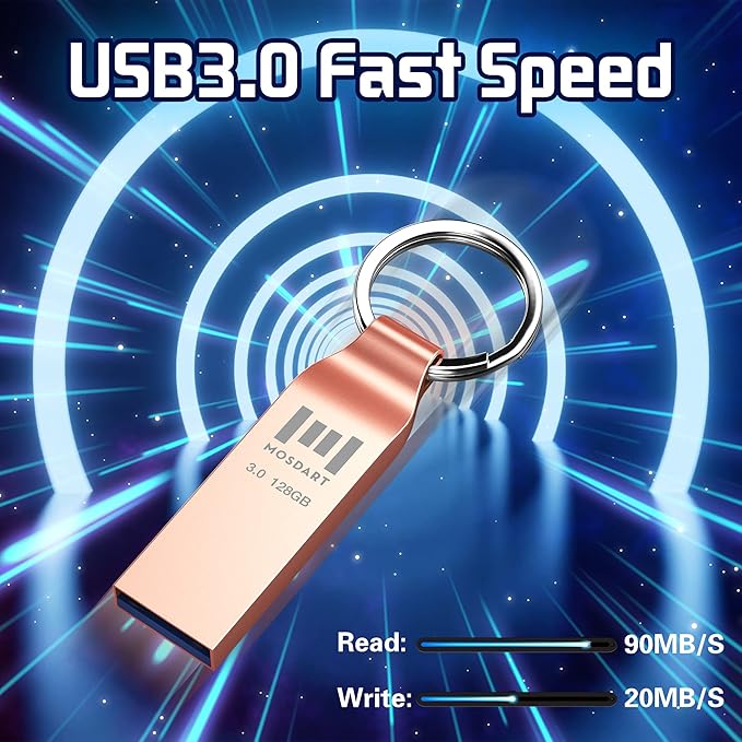 MOSDART 128GB Waterproof USB3.0 Flash Drive, Speed Up to 90MB/S, exFAT Metal Memory Stick with Keychain, for System Back, Data Storage, Rose Gold