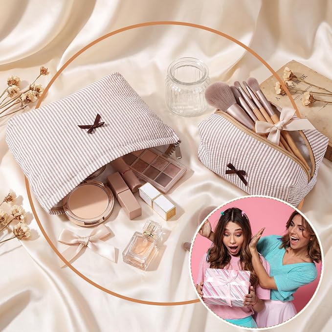 Huhumy 2 Pcs Bow Tie Makeup Bag Set, Stripe Cosmetic Pouch for Women, Seersucker Travel Toiletry Bag, Preppy Makeup Purse Pouch, Aesthetic Skincare Brushes Storage Organizer for Women Gifts (Khaki)