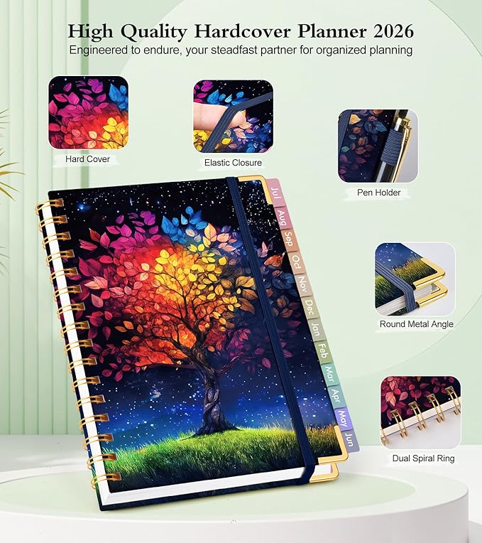 Academic Planner 2026-2027, Hardcover Weekly and Monthly Calendar Planner from July 2026 - June 2027, Daily Agenda Planners with Tabs, College School Organizer for Student Teacher, A5 (6.1" x 8.2"), Colorful Tree